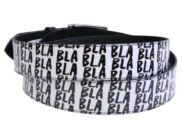 BLACK AND WHITE MEN'S BELT "BLA BLA BLA" MADE OF LORRY TARPAULIN.