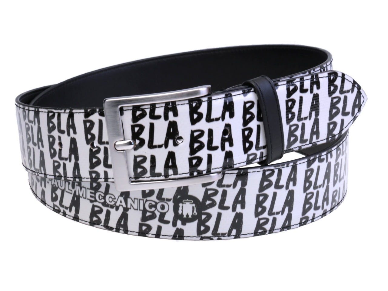 BLACK AND WHITE MEN'S BELT "BLA BLA BLA" MADE OF LORRY TARPAULIN.