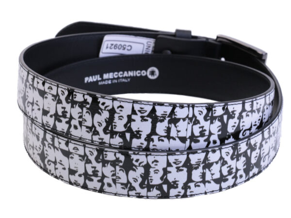 BLACK AND WHITE WOMEN'S BELT "FACES" MADE OF LORRY TARPAULIN.
