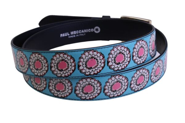 LIGHT BLUE WOMEN'S BELT WITH FLORAL FANTASY MADE OF LORRY TARPAULIN.
