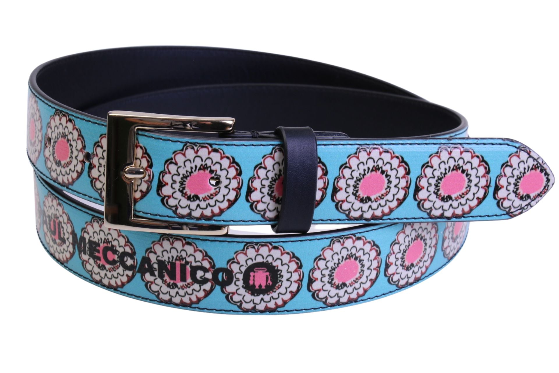 LIGHT BLUE WOMEN'S BELT WITH FLORAL FANTASY MADE OF LORRY TARPAULIN.