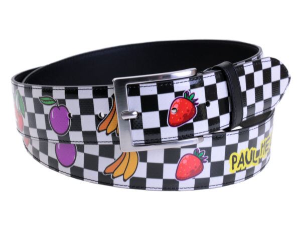 BLACK AND WHITE MEN'S BELT "FRUITS" MADE OF LORRY TARPAULIN.