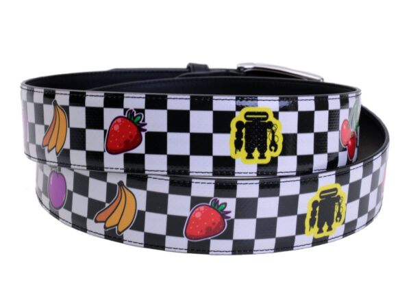 BLACK AND WHITE MEN'S BELT "FRUITS" MADE OF LORRY TARPAULIN.