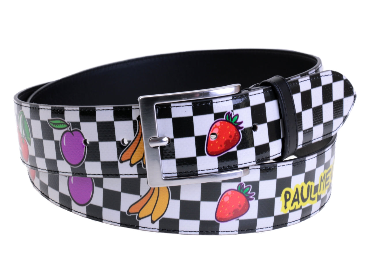 BLACK AND WHITE MEN'S BELT "FRUITS" MADE OF LORRY TARPAULIN.