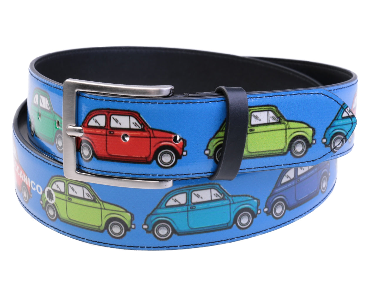 LIGHT BLUE MEN'S BELT "FIAT 500" MADE OF LORRY TARPAULIN.