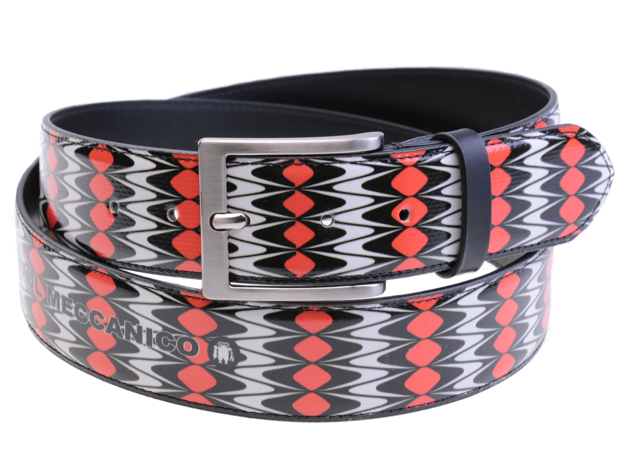 MEN'S BELT WHITE, BLACK AND RED COLOURS WITH OPTICAL FANTASY MADE OF LORRY TARPAULIN.