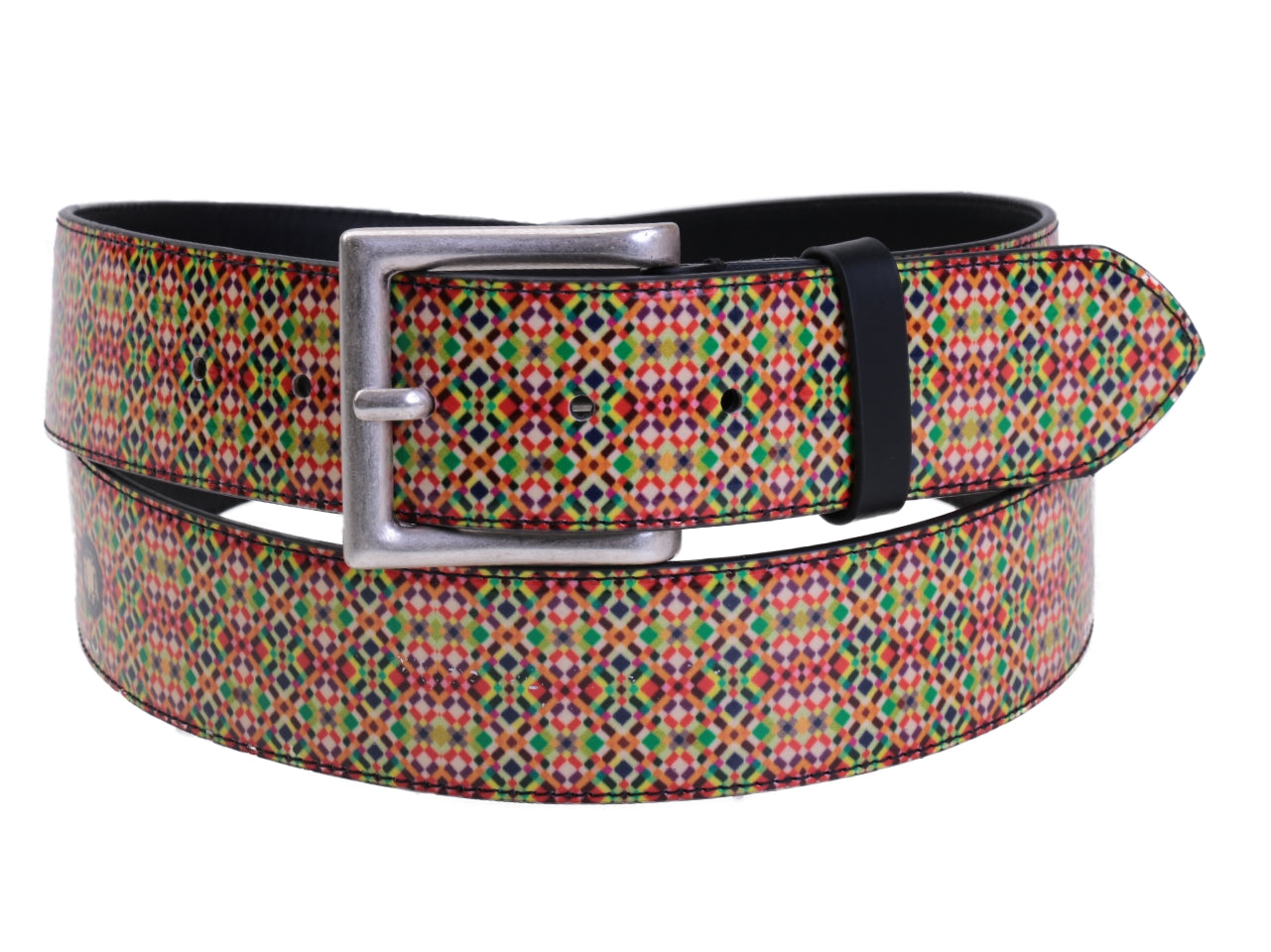 MULTICOLOR MEN'S BELT WITH ETHNIC FANTASY MADE OF LORRY TARPAULIN.
