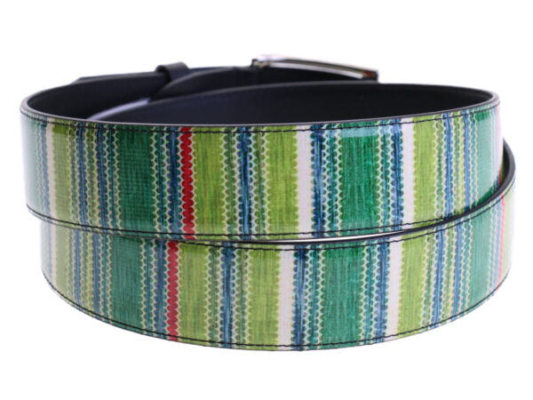 GREEN MEN'S BELT WITH STRIPED PATTERN MADE OF LORRY TARPAULIN.