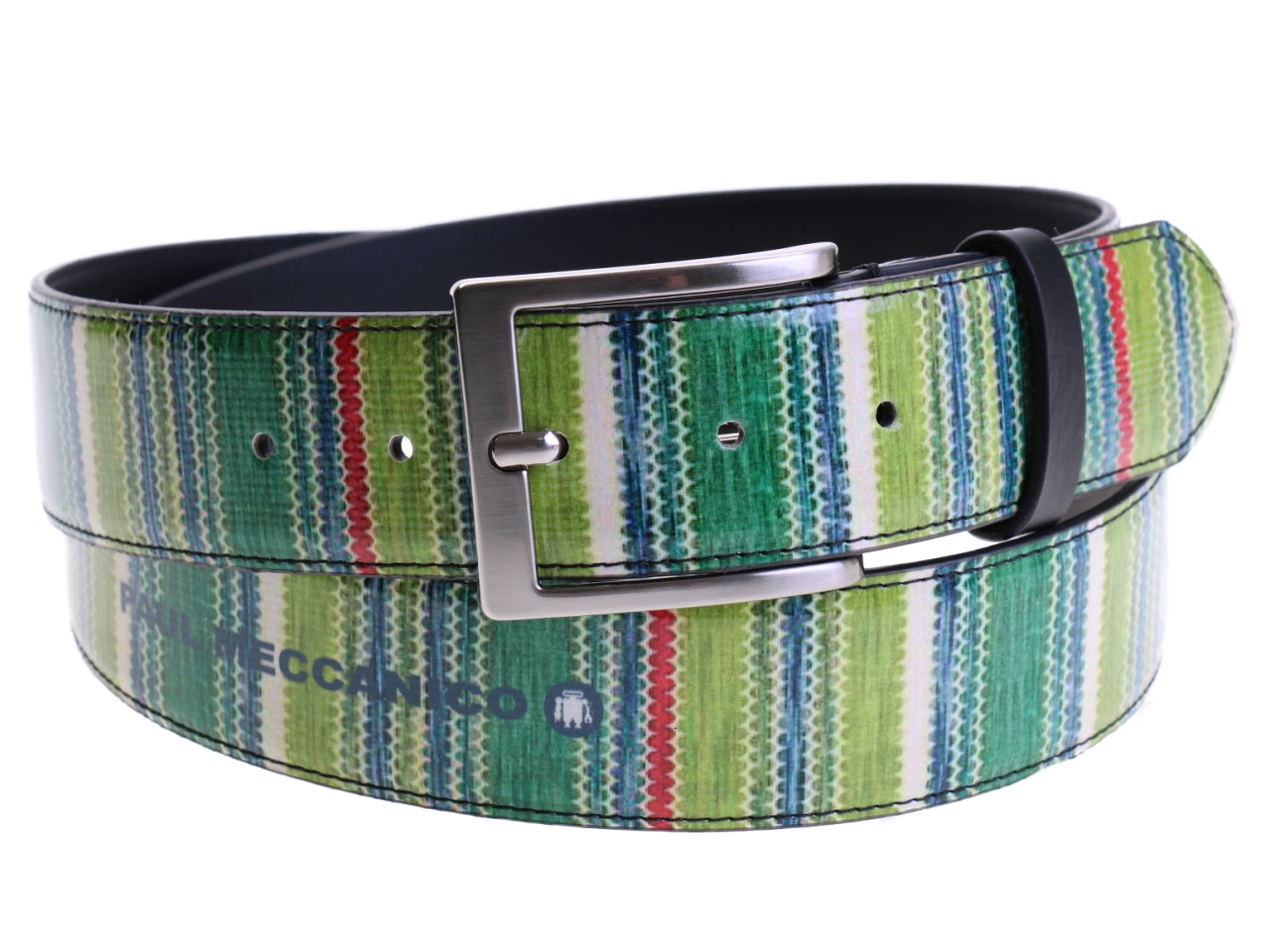 GREEN MEN'S BELT WITH STRIPED PATTERN MADE OF LORRY TARPAULIN.