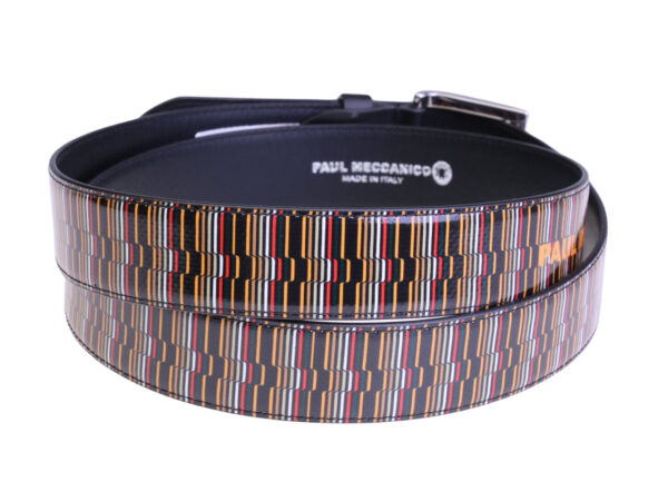 ...MULTICOLOR MEN'S BELT WITH GEOMETRIC FANTASY MADE OF LORRY TARPAULIN.