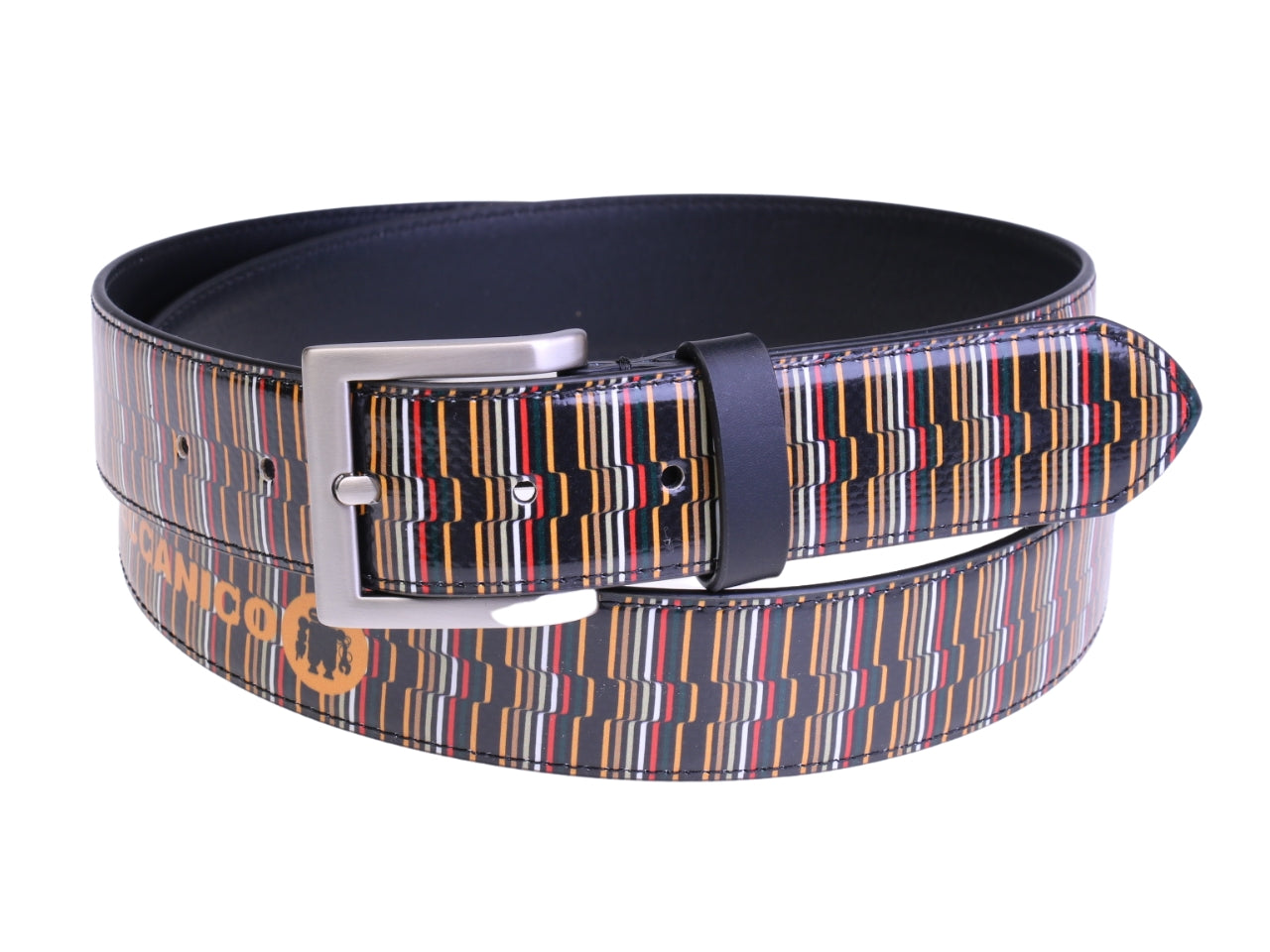 ...MULTICOLOR MEN'S BELT WITH GEOMETRIC FANTASY MADE OF LORRY TARPAULIN.