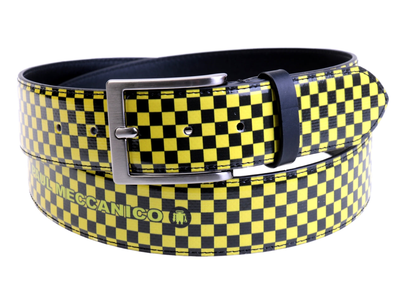BLACK AND YELLOW MEN'S BELT WITH CHESS FANTASY MADE OF LORRY TARPAULIN.