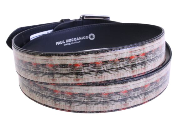 BLACK AND BEIGE MEN'S BELT WITH ETHNIC FANTASY MADE OF LORRY TARPAULIN.