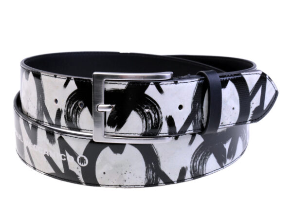BLACK AND WHITE MEN'S BELT WITH MURALES FANTASY MADE OF LORRY TARPAULIN.