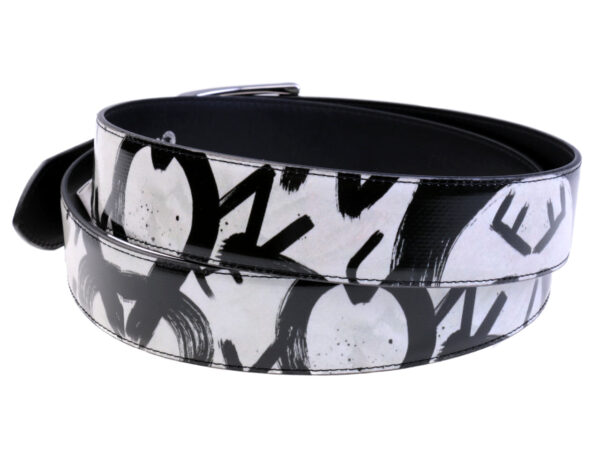 BLACK AND WHITE MEN'S BELT WITH MURALES FANTASY MADE OF LORRY TARPAULIN.
