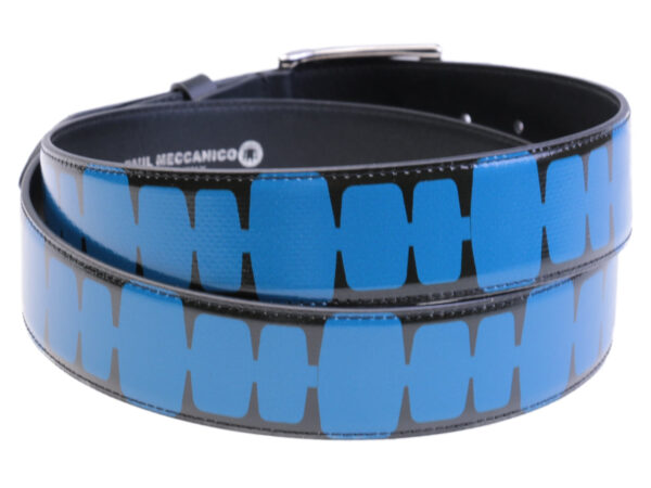 MEN'S BELT BLACK FOREST AND LIGHT BLUE COLOURS MADE OF LORRY TARPAULIN.