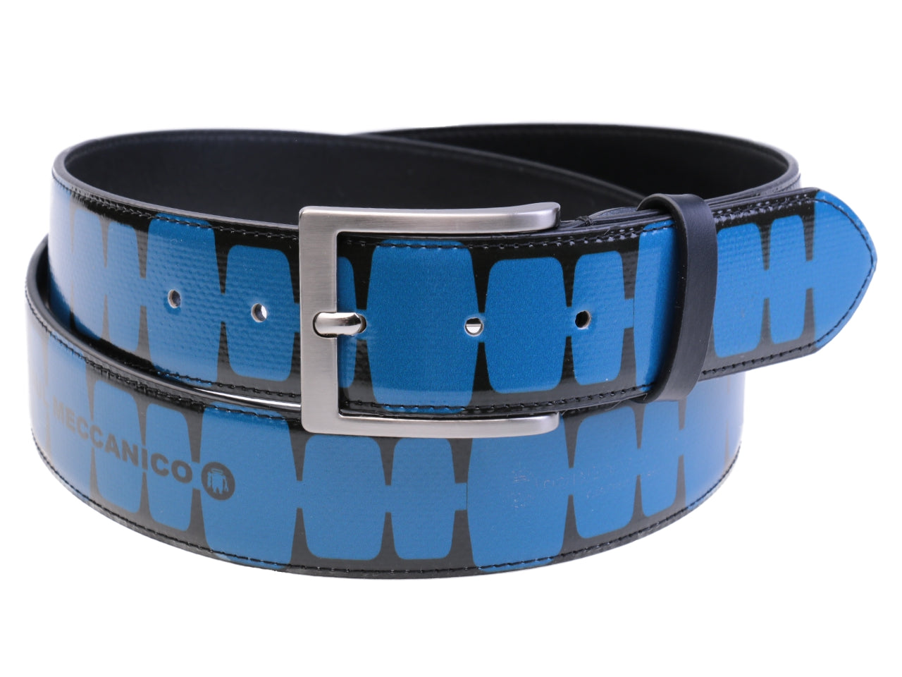 MEN'S BELT BLACK FOREST AND LIGHT BLUE COLOURS MADE OF LORRY TARPAULIN.
