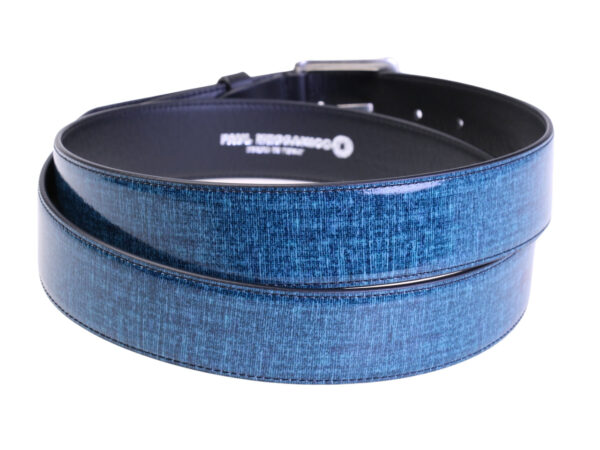 .BLUE MEN'S BELT WITH "JEANS EFFECT" MADE OF LORRY TARPAULIN.