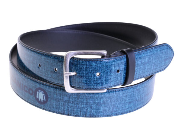 .BLUE MEN'S BELT WITH "JEANS EFFECT" MADE OF LORRY TARPAULIN.