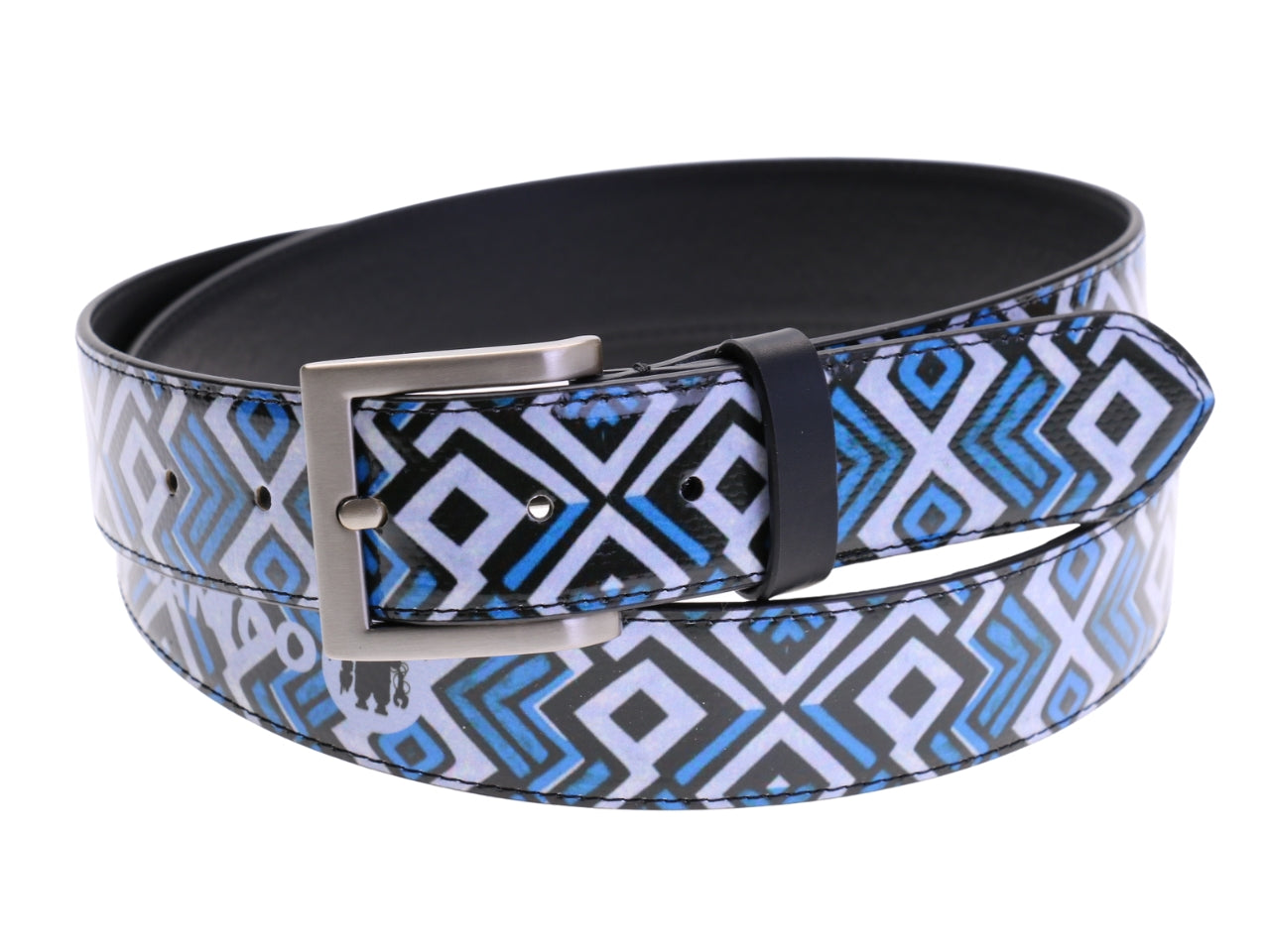 .LIGHT BLUE MEN'S BELT WITH GEOMETRIC FANTASY MADE OF LORRY TARPAULIN.