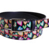 .BLACK WOMEN'S BELT WITH "MULTICOLOR HEARTS" MADE OF LORRY TARPAULIN.
