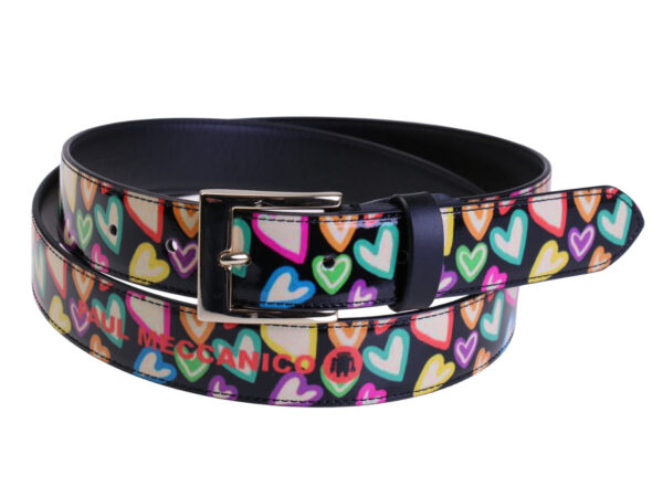 .BLACK WOMEN'S BELT WITH "MULTICOLOR HEARTS" MADE OF LORRY TARPAULIN.