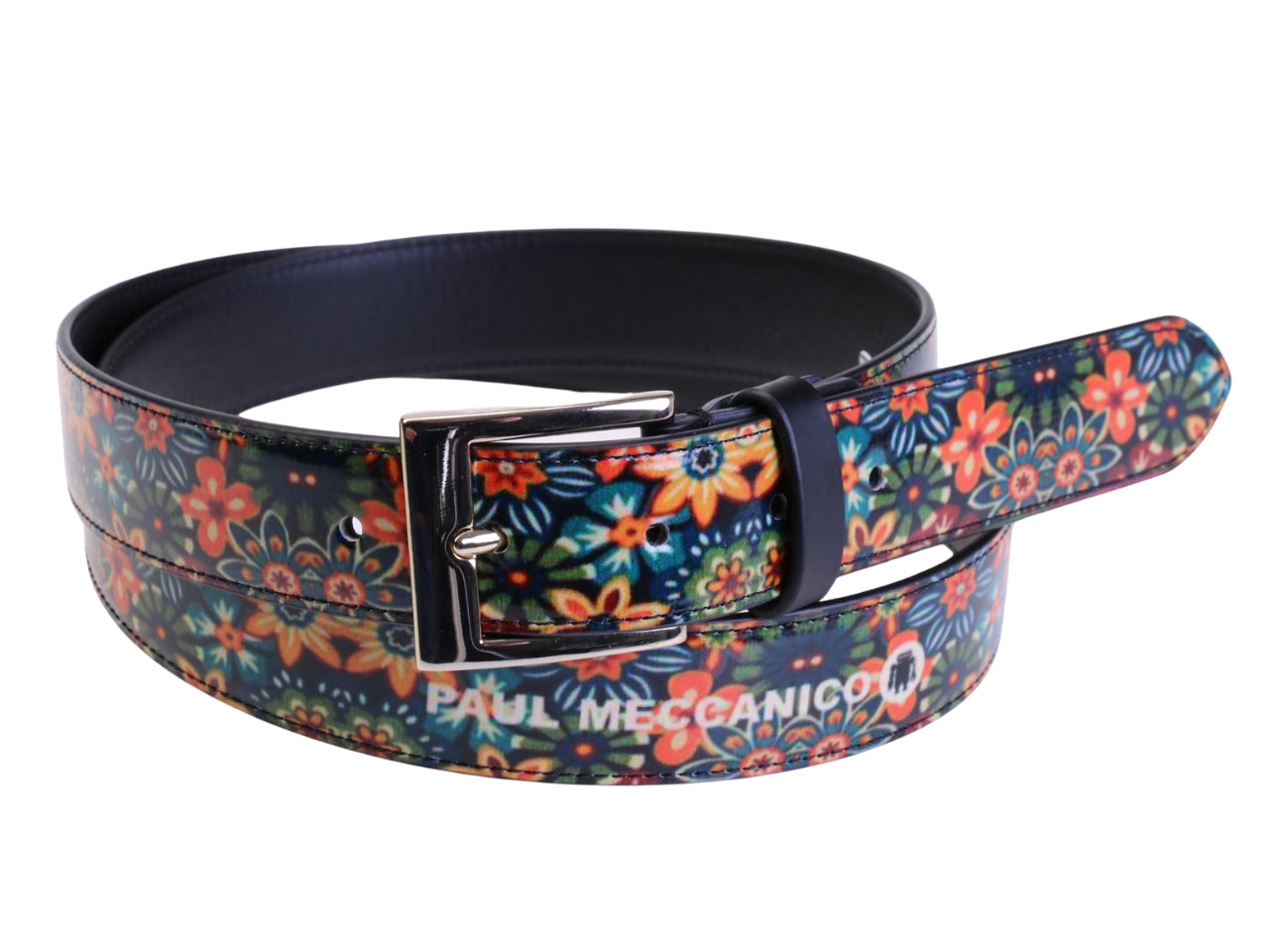 .BLACK WOMEN'S BELT WITH FLORAL FANTASY MADE OF LORRY TARPAULIN.