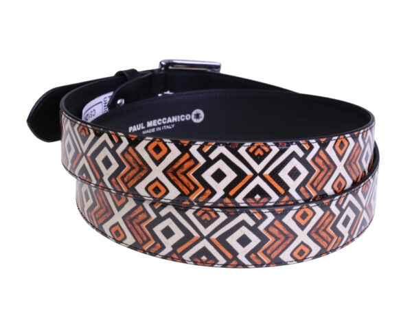 ..MEN'S BELT BEIGE, BLAGK AND BROWN COLOURS WITH GEOMETRIC FANTASY MADE OF LORRY TARPAULIN.