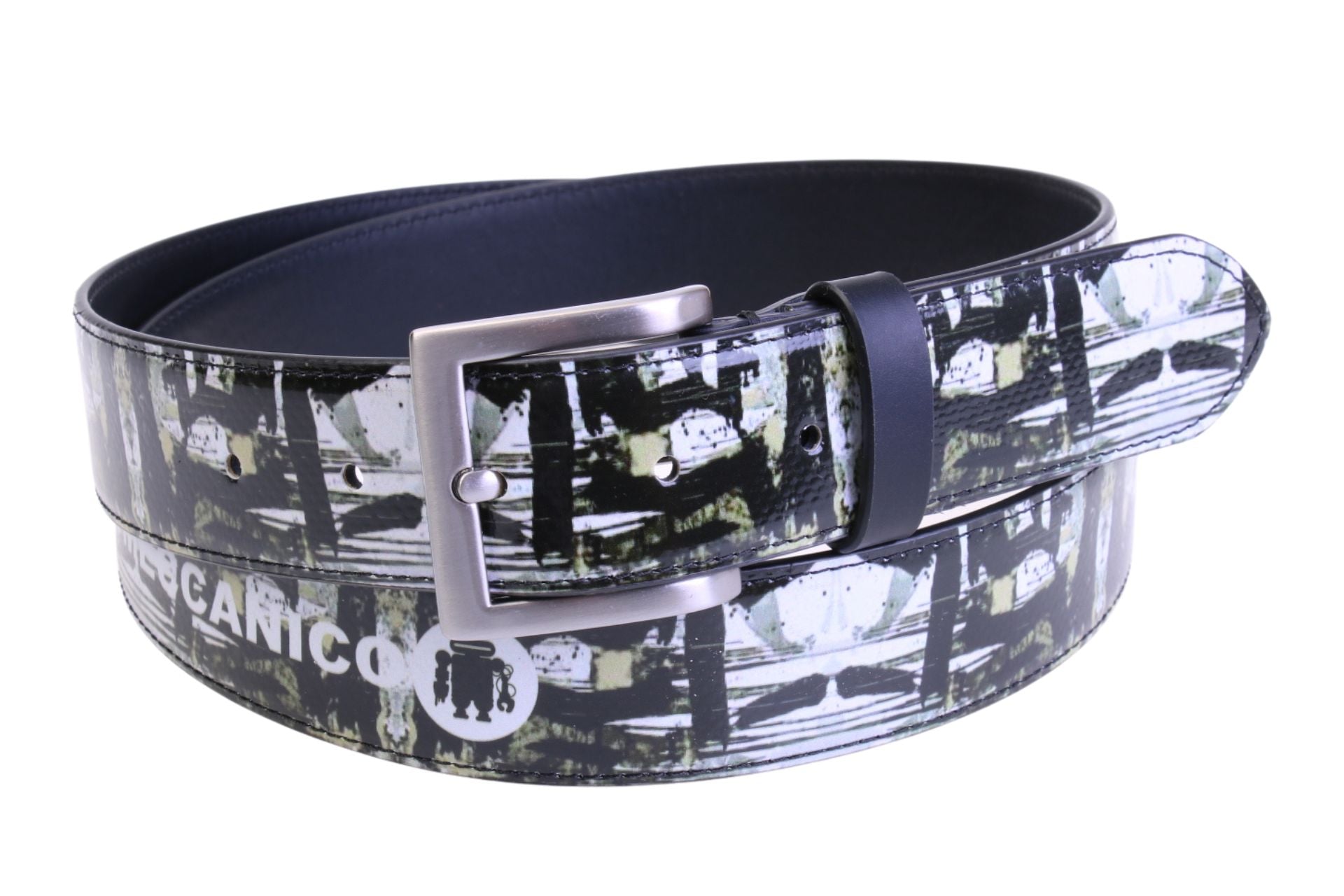 MEN'S BELT BLACK, WHITE AND BEIGE WITH ETHNIC FANTASY MADE OF LORRY TARPAULIN.