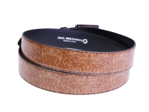 ...BROWN MEN'S BELT "CIRCLES" MADE OF LORRY TARPAULIN.