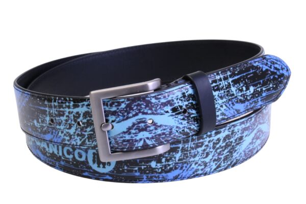 BLACK AND BLUE MEN'S BELT "SPRAY EFFECT" MADE OF LORRY TARPAULIN.