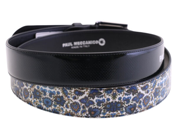 -BLUE MEN'S BELT WITH FLORAL FANTASY MADE OF LORRY TARPAULIN.