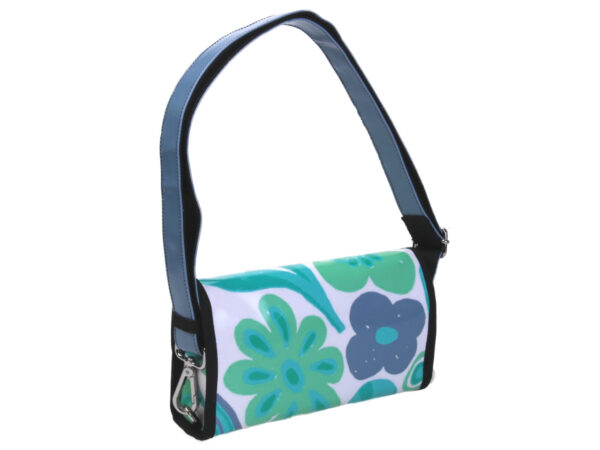 CLUTCH BAG WHITE AND GREEN COLOURS FLORAL FANTASY. MODEL CANDY MADE OF LORRY TARPAULIN.