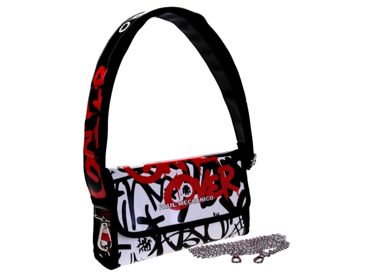 WHITE CLUTCH BAG GRAFFITI FANTASY. MODEL CANDY MADE OF LORRY TARPAULIN.