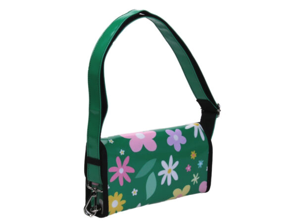 GREEN CLUTCH BAG FLORAL FANTASY. MODEL CANDY MADE OF LORRY TARPAULIN.