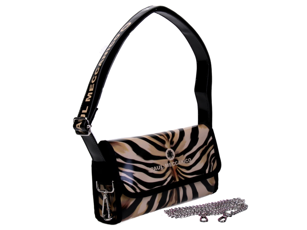 CLUTCH BAG BEIGE AND BLACK ANIMALIER FANTASY. MODEL CANDY MADE OF LORRY TARPAULIN.