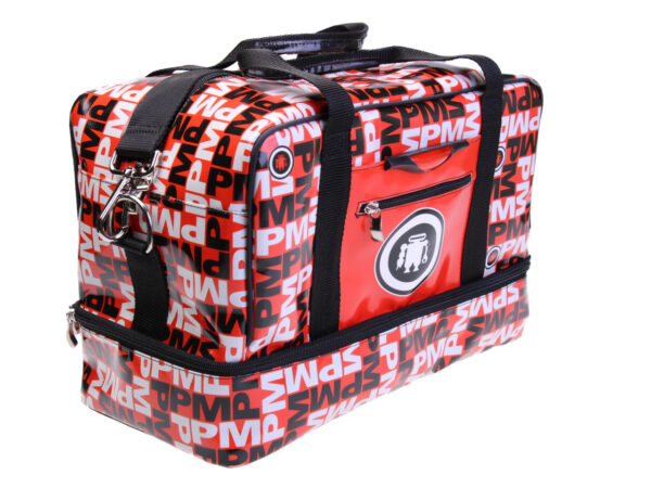 RED HAND LUGGAGE BAG WITH LETTERING FANTASY 40 X 20 X 25 CM. MODEL FLYME MADE OF LORRY TARPAULIN.