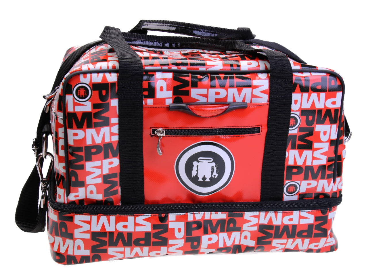 RED HAND LUGGAGE BAG WITH LETTERING FANTASY 40 X 20 X 25 CM. MODEL FLYME MADE OF LORRY TARPAULIN.