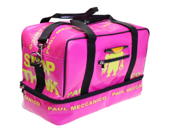 FUCHSIA HAND LUGGAGE BAG 40 X 20 X 25 CM. MODEL FLYME MADE OF LORRY TARPAULIN.