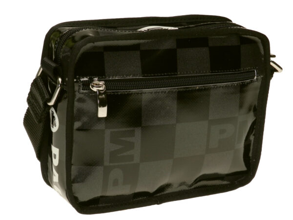 SMALL CROSSBODY BAG BLACK FOREST AND GREY WITH CHESS FANTASY. MODEL FRIK  MADE OF LORRY TARPAULIN.