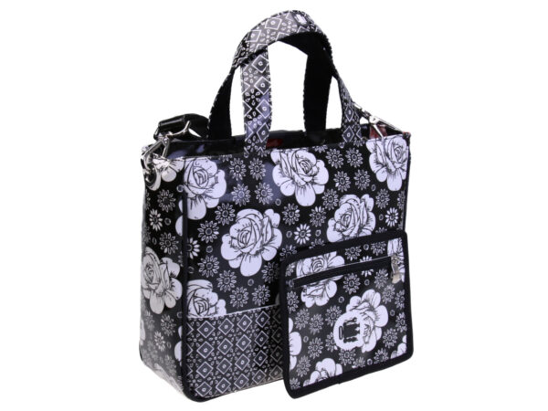 BLACK AND WHITE TOTE BAG WITH FLORAL GEOMETRIC FANTASY. MODEL GLAM MADE OF LORRY TARPAULIN.