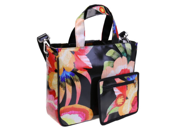 BLACK TOTE BAG FLORAL FANTASY. MODEL GLAM MADE OF LORRY TARPAULIN.