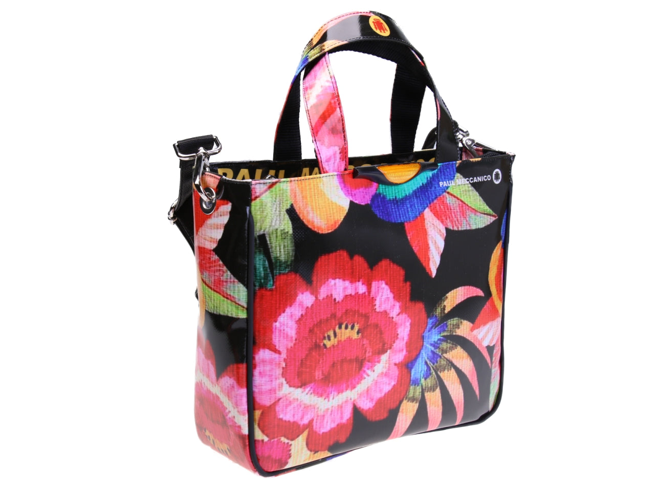 BLACK TOTE BAG FLORAL FANTASY. MODEL GLAM MADE OF LORRY TARPAULIN.