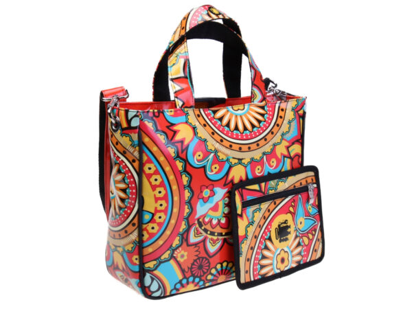 ORANGE TOTE BAG WITH PAISLEY FANTASY. MODEL GLAM MADE OF LORRY TARPAULIN.