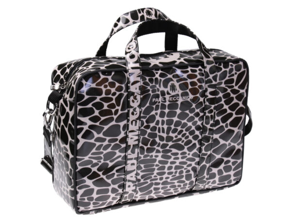 BLACK AND WHITE WOMEN'S BRIEFCASE ANIMALIER FANTASY. MODEL KART MADE OF LORRY TARPAULIN.