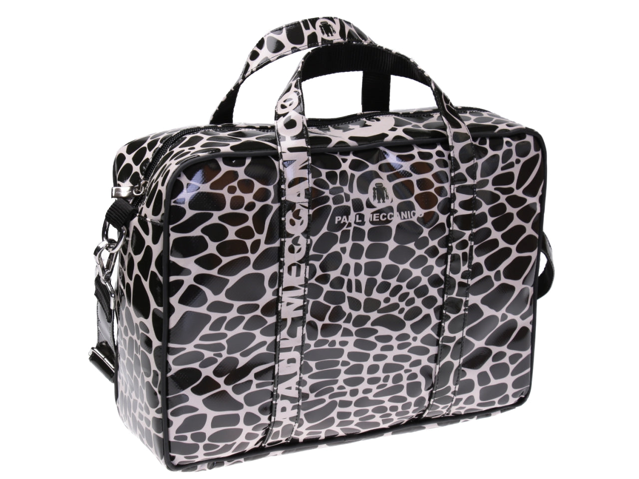 BLACK AND WHITE WOMEN'S BRIEFCASE ANIMALIER FANTASY. MODEL KART MADE OF LORRY TARPAULIN.