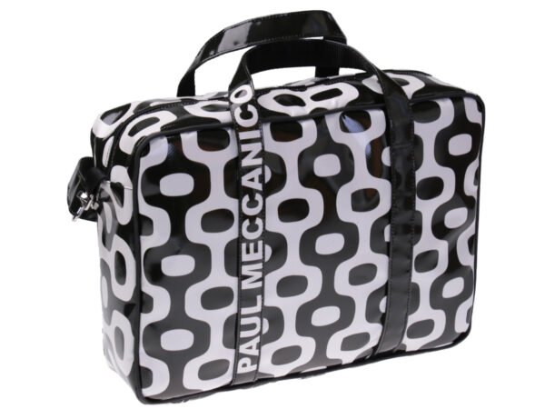 BLACK AND WHITE WOMEN'S BRIEFCASE GEOMETRIC FANTASY. MODEL KART MADE OF LORRY TARPAULIN.
