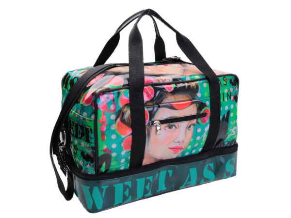 HAND LUGGAGE BAG 40 X 20 X 25 CM "SWEET AS SIN" DESIGNED BY BIANCA LEVER. MODEL FLYME MADE OF LORRY TARPAULIN.