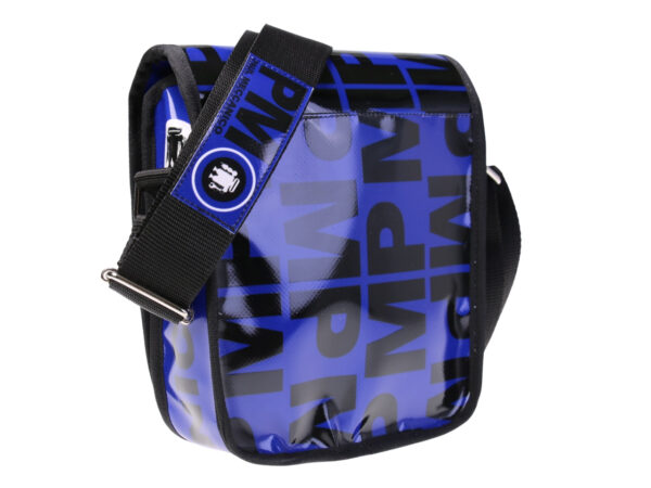 ...BLACK AND BLUE CROSSBODY BAG. MODEL MIPOK MADE OF LORRY TARPAULIN.