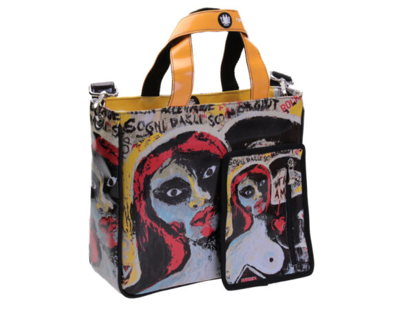 TOTE BAG "DONNA A META'" BY PAUL ALBERT DARI. MODEL GLAM MADE OF LORRY TARPAULIN. BOOK "LA PITTURA E' DONNA INCLUDED IN THE PRICE"